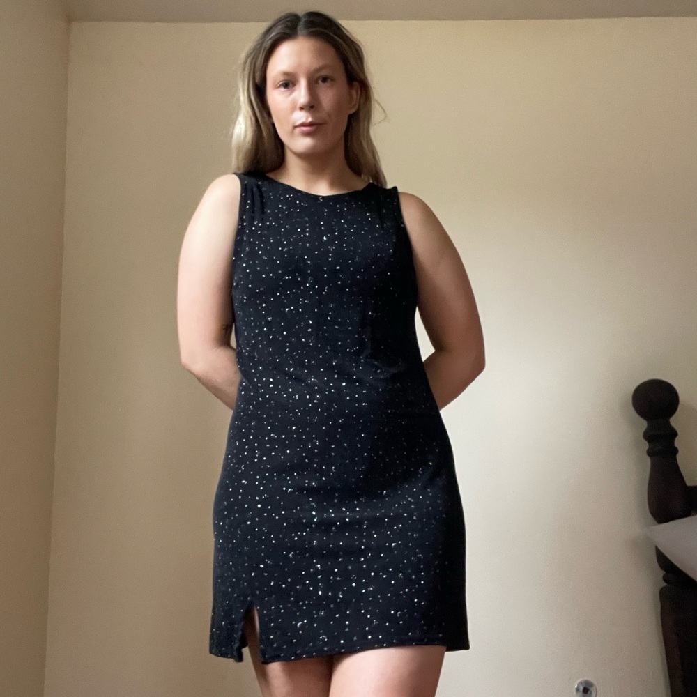 black DENIAL dress, covered in sparkly moons and stars, size large